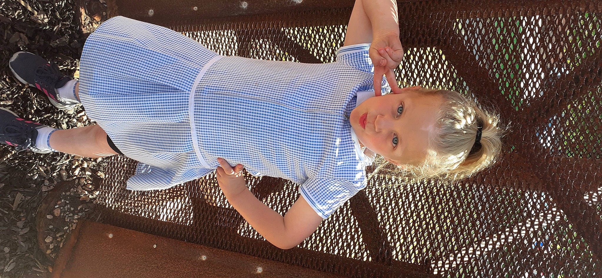 Daisy-mae is registered to the contest to win money with this photo: baby, baby_products, baby_toddler_clothing, chest, child, elbow, electric_blue, event, flash_photography, fun, happy, human_leg, leisure, pattern, person, thigh, toddler, tree