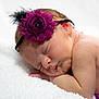 newborn, baby, sleeping, headband, flower, purple, soft, blanket, closeup, peaceful, infant, skin, resting, cute, portrait, child, adorable, tender, sleep, cozy