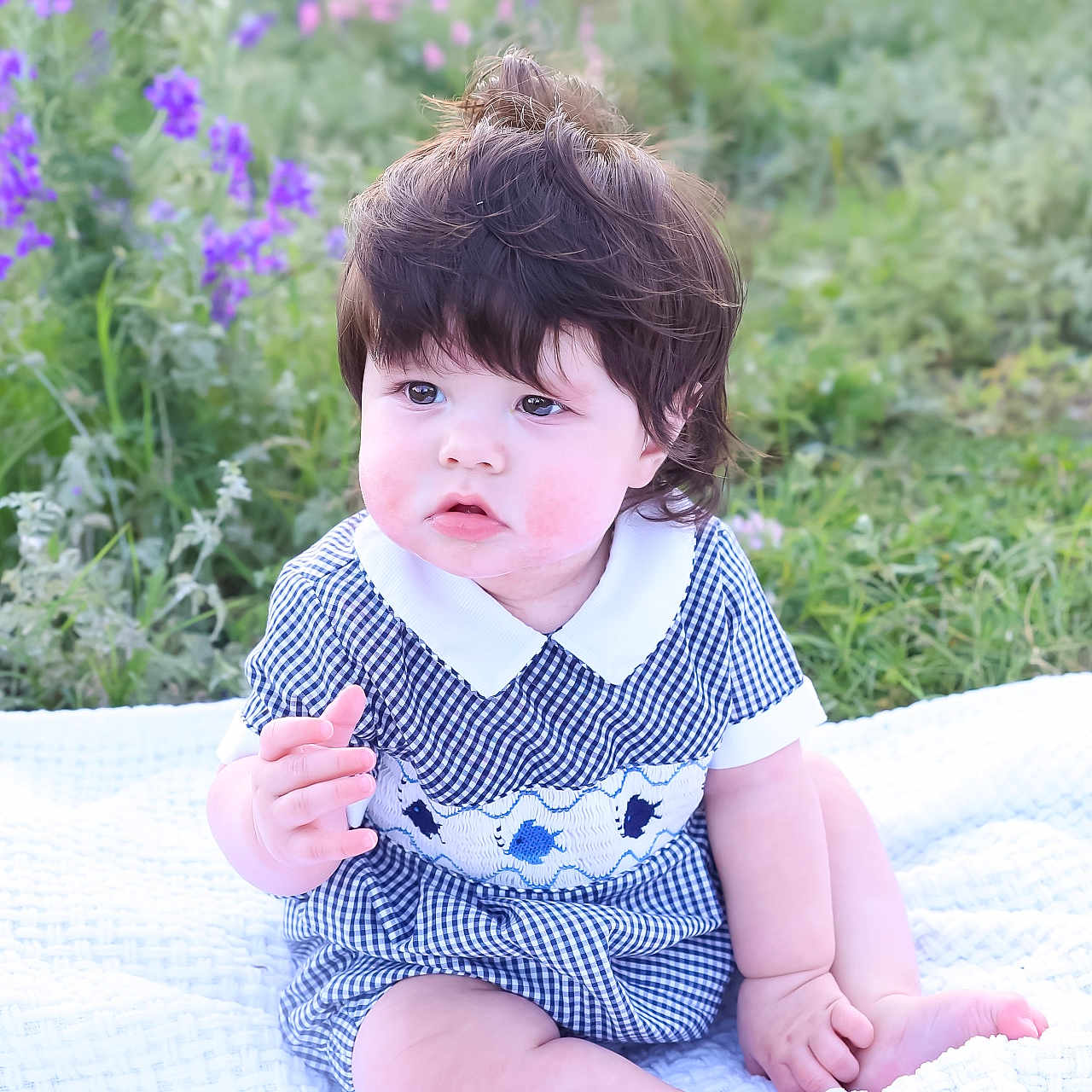 Timor joined the competition — help win amazing prizes! baby, child, infant, sitting, blanket, outdoor, garden, flowers, purple_flowers, greenery, curly_hair, blue_dress, checkered, cute, rosy_cheeks, portrait, nature, soft_light, peaceful, young