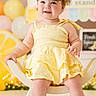 toddler, child, yellow_dress, headband, chair, balloons, smiling, happy, indoor, portrait, baby, cute, celebration, decorations, feet, person, face, event, fun, bright