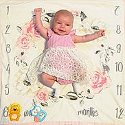 Amaya is registered to the contest to win money with this photo: arms_up, baby, celebration, child, cute, floral_pattern, happy, indoors, infant, lace, lying_down, milestone, milestone_blanket, pink_dress, playful, portrait, smiling, toys, white_socks, young_child