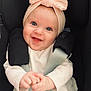 baby, blue_eyes, car_seat, child, clothing, cute, hands, happy, headwear, indoor, infant, person, pink_bow, pink_pants, portrait, safety_harness, seatbelt, smiling, white_shirt, young