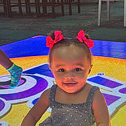 Jream is registered to the contest to win money with this photo: toddler, child, smiling, red_bows, drool, colorful_floor, indoor, playful, sock, foot, dress, polka_dots, happy, cute, girl, young_child, seat, lighting, bright_colors, fun