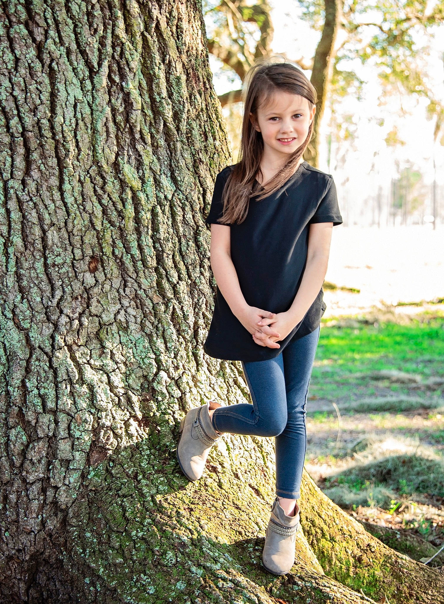 Allie is registered to the contest to win money with this photo: branch, clothing, flash_photography, grass, hair, happy, joy, knee, leaf, leg, people_in_nature, person, plant, shoulder, standing, street_fashion, thigh, tree, trunk, waist