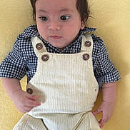 Matheo is registered to the contest to win money with this photo: baby, infant, child, yellow_background, overalls, corduroy, checkered_shirt, wooden_buttons, lying_down, curious_expression, soft_texture, indoors, portrait, young_child, cute, small_hands, short_hair, casual_clothing, comfortable, resting
