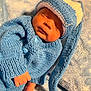 newborn, baby, sleeping, blue_clothing, knitted_hat, knitted_sweater, blanket, soft_texture, peaceful, infant, cute, sleep, hand, foot, cozy, warm, portrait, indoors, resting, child