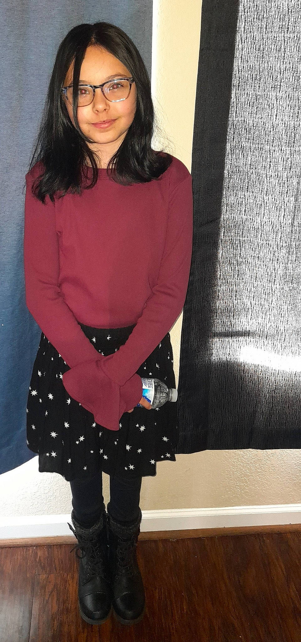 Eliza joined the competition — help win amazing prizes! abdomen, clothing, collar, electric_blue, formal_wear, hairstyle, human_leg, joy, knee, leg, little_black_dress, long_hair, neck, outerwear, pattern, person, sleeve, sportswear, t_shirt, thigh