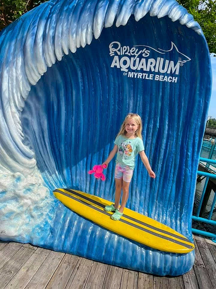 Maylee is registered to the contest to win money with this photo: advertising, aqua, azure, blue, electric_blue, fun, games, inflatable, joy, leisure, outdoor_play_equipment, painting, person, pink, recreation, summer, surfboard, surfing, surfing_equipment, tree