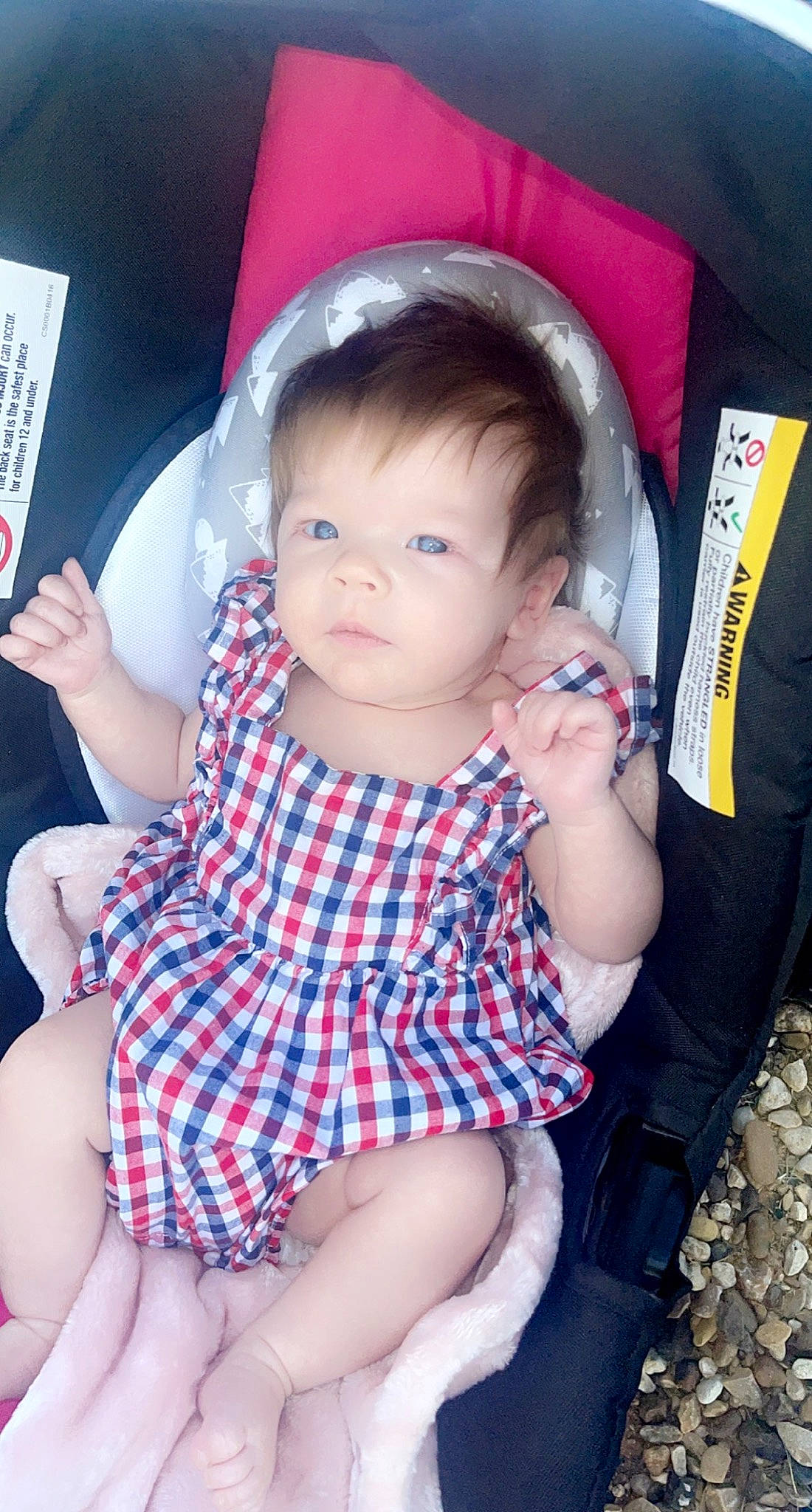 Taytum joined the competition — help win amazing prizes! baby_toddler_clothing, cheek, chin, eye, facial_expression, finger, fun, hairstyle, head, iris, lap, lip, person, pink, plaid, red, skin, tartan, thigh, toddler