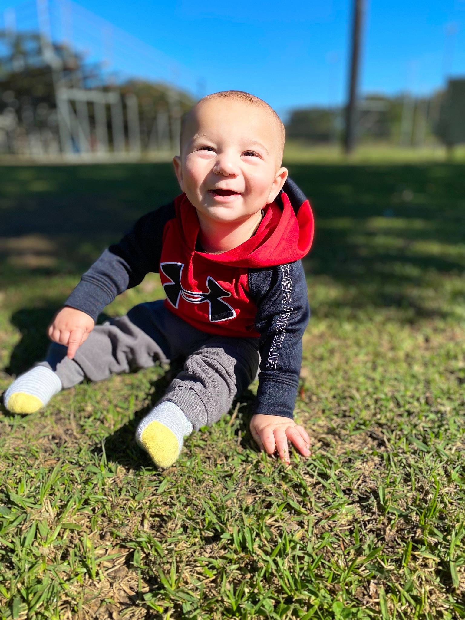 Benson joined the competition — help win amazing prizes! baby, baby_toddler_clothing, ball, flash_photography, fun, grass, grass_family, grassland, happy, lawn, leaf, meadow, outerwear, people_in_nature, person, plant, sky, smile, sneakers, toddler