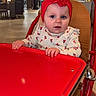 Ariel a rejoint le concours — aidez-le/la à gagner de superbes lots ! baby, cafe, child, clothing, curious, face, flower, hands, high_chair, indoor, infant, long_sleeve, pattern, person, red, red_headband, seated, table, white, wooden_chair
