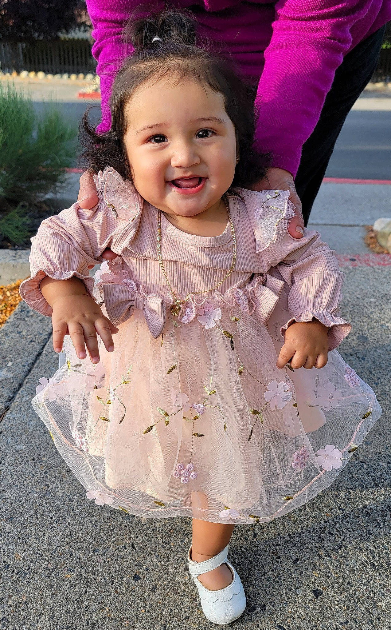 Paola is registered to the contest to win money with this photo: baby_toddler_clothing, dress, eye, face, fun, gesture, grass, happy, head, headpiece, joy, magenta, person, photograph, pink, plant, purple, skin, sleeve, smile