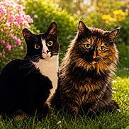Felix And Cali is registered to the contest to win money with this photo: cat, cats, animal, pets, outdoor, grass, flowers, nature, sunlight, greenery, fur, eyes, portrait, sitting, cute, black_and_white_cat, tortoiseshell_cat, whiskers, garden, summer