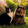cat, cats, animal, pets, outdoor, grass, flowers, nature, sunlight, greenery, fur, eyes, portrait, sitting, cute, black_and_white_cat, tortoiseshell_cat, whiskers, garden, summer