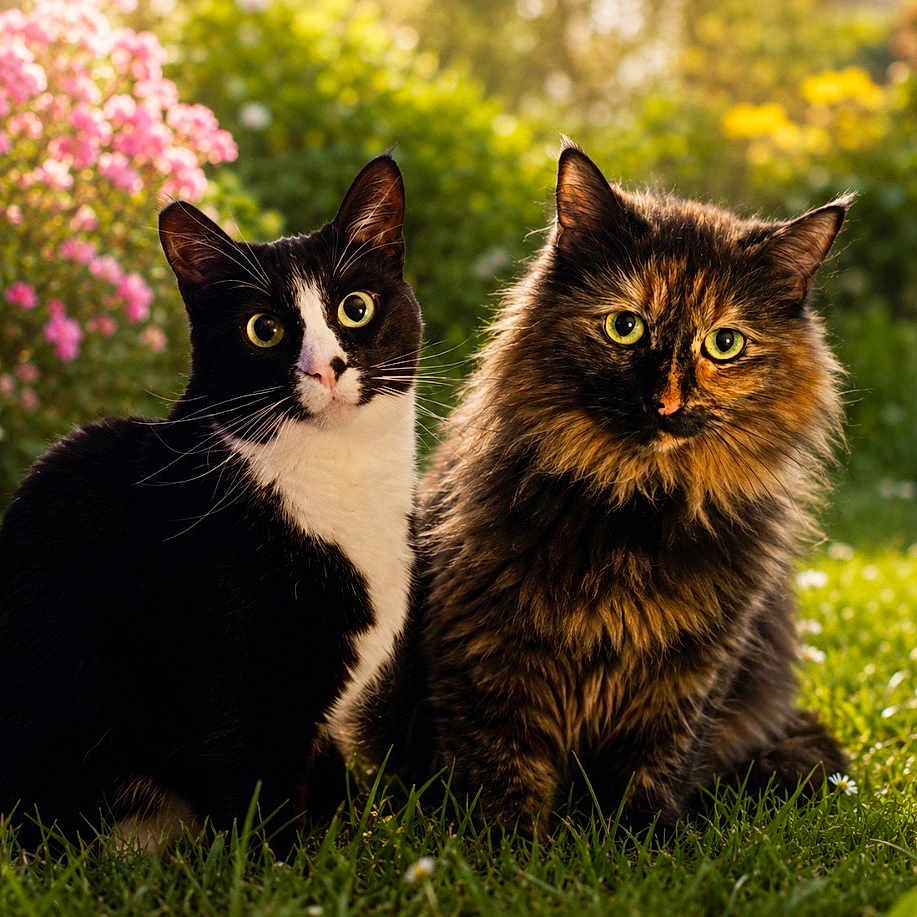 Felix And Cali is registered to the contest to win money with this photo: cat, cats, animal, pets, outdoor, grass, flowers, nature, sunlight, greenery, fur, eyes, portrait, sitting, cute, black_and_white_cat, tortoiseshell_cat, whiskers, garden, summer
