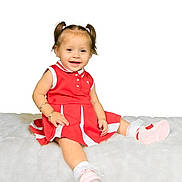 Vanecia is registered to the contest to win money with this photo: child, toddler, girl, smiling, portrait, red_dress, pink_shoes, pigtails, sitting, blanket, white_background, indoors, baby, happy, face, clothing, footwear, studio_photo, bracelet, playful