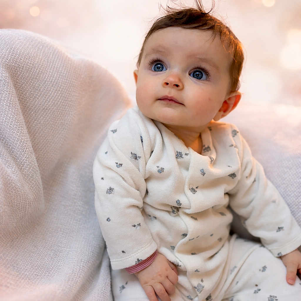 Lilou participe au concours pour gagner de l'argent avec cette photo : baby, infant, child, blue_eyes, onesie, floral_print, blanket, soft_texture, portrait, indoor, curious, seated, cute, small_hands, cozy, warm_lighting, bokeh, face, young_child, expression