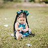 toddler, child, girl, grass, outdoor, flowers, braids, bows, green_dress, sitting, nature, daylight, cute, portrait, young_child, playing, summer, innocence, happy, casual