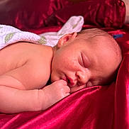 Bellamy joined the competition — help win amazing prizes! newborn, baby, sleeping, face, skin, arm, hand, fabric, satin, red, blanket, soft, peaceful, closeup, infant, wrapped, resting, cute, portrait, indoors