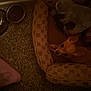 dog, puppy, pet_bed, stuffed_toy, carpet, food_bowl, indoor, animal, cozy, small_dog, ears, brown, resting, floor, toy, home, cute, sleeping_area, domestic, quiet