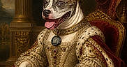 Felicity joined the competition — help win amazing prizes! artistic, canine, classical, costume, crown, decorative, detailed, dog, fur, gold, historical_style, jewelry, luxury, majestic, portrait, red_curtain, regal, royal_gown, smiling, throne