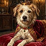 Leia is registered to the contest to win money with this photo: animal, antique, candles, cape, crown, cushion, decor, dog, fur, furniture, gold, indoor, jewelry, luxury, ornate, pet, portrait, posing, red_velvet, royalty