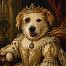 Leia joined the competition — help win amazing prizes! animal_portrait, canine, classical, costume, crown, decor, dog, fur, golden, gown, historic_style, indoor, luxury, ornate, playful, portrait, regal, royalty, seated, throne