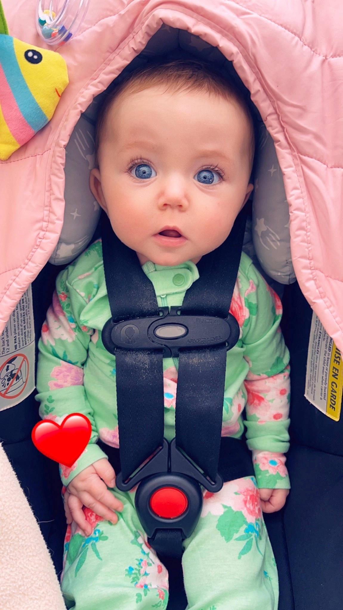 Navy-rae is registered to the contest to win money with this photo: baby, baby_carriage, baby_products, baby_safety, baby_toddler_clothing, car_seat, cheek, child, fun, green, happy, person, pink, product, seat_belt, service, sitting, skin, snapshot, surprise