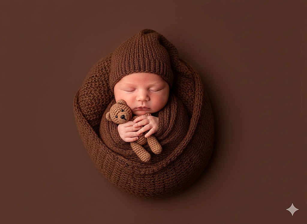 Elian is registered to the contest to win money with this photo: newborn, baby, sleeping, knitted, brown, blanket, hat, teddy_bear, crocheted, cozy, wrapped, cute, infant, portrait, soft, peaceful, child, monochrome, studio, hands