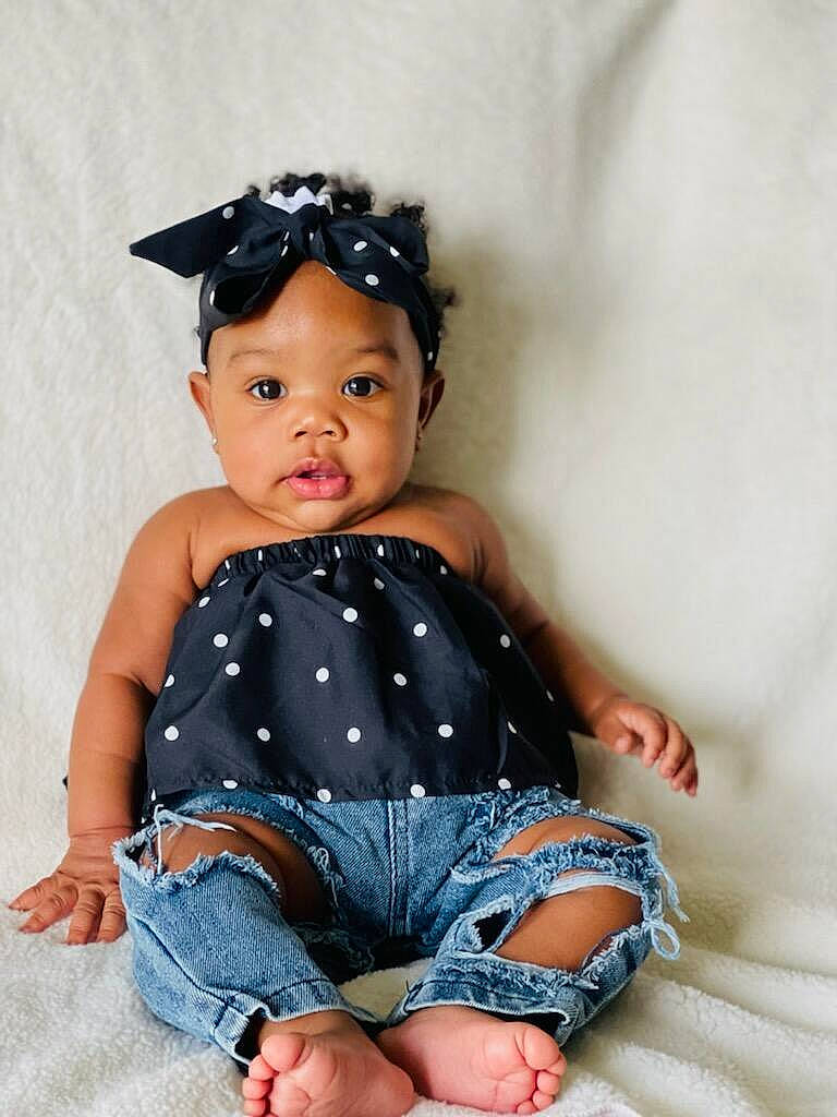 Avani is registered to the contest to win money with this photo: baby_toddler_clothing, barefoot, chin, day_dress, doll, dress, electric_blue, eye, eyelash, finger, hair, head, headwear, iris, neck, pattern, person, skin, sleeve, thigh