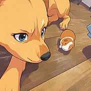 Toto is registered to the contest to win money with this photo: animated, dog, guinea_pig, wooden_floor, blue_eyes, animal, cartoon, indoor, furniture, chair_leg, brown, orange, small_animal, pet, flooring, close_up, expression, cute, companion, looking_down