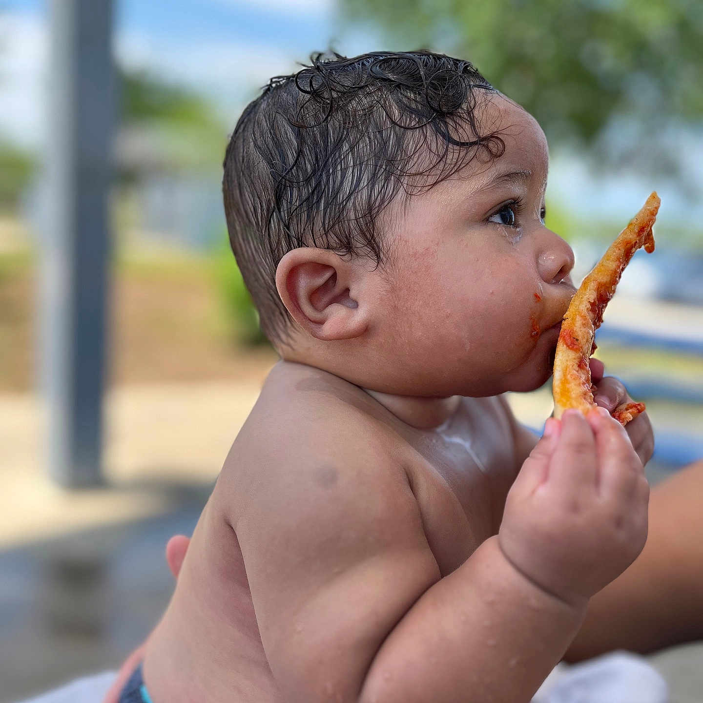 Xaivius joined the competition — help win amazing prizes! appetite, baby, blurred_background, child, chubby, cute, daylight, eating, face, food, hand, mouth, outdoor, person, pizza, sitting, skin, snack, summer, wet_hair