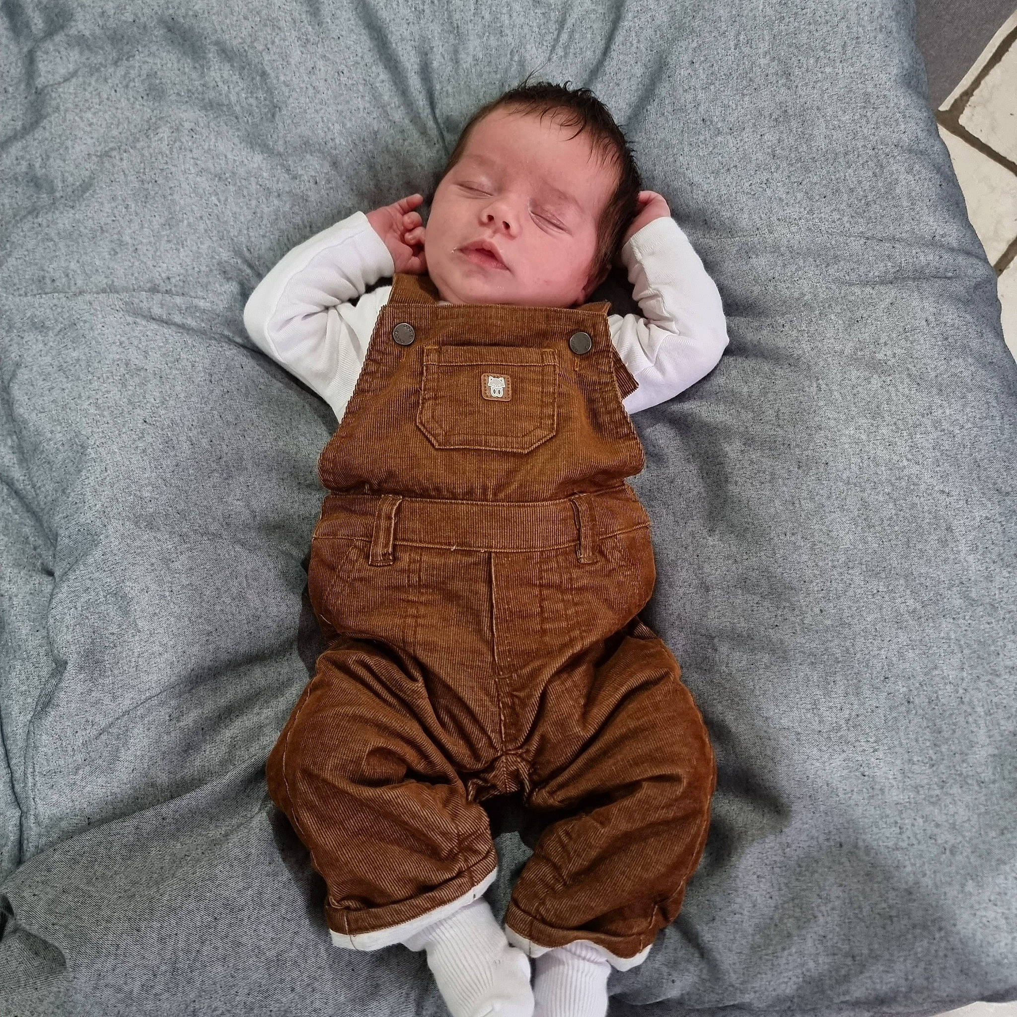 Leo participe au concours pour gagner de l'argent avec cette photo : baby, baby_products, baby_sleeping, baby_toddler_clothing, child, collar, comfort, costume, face, fur, linens, overall, pattern, person, polar_fleece, sitting, sleeve, textile, toddler, wood