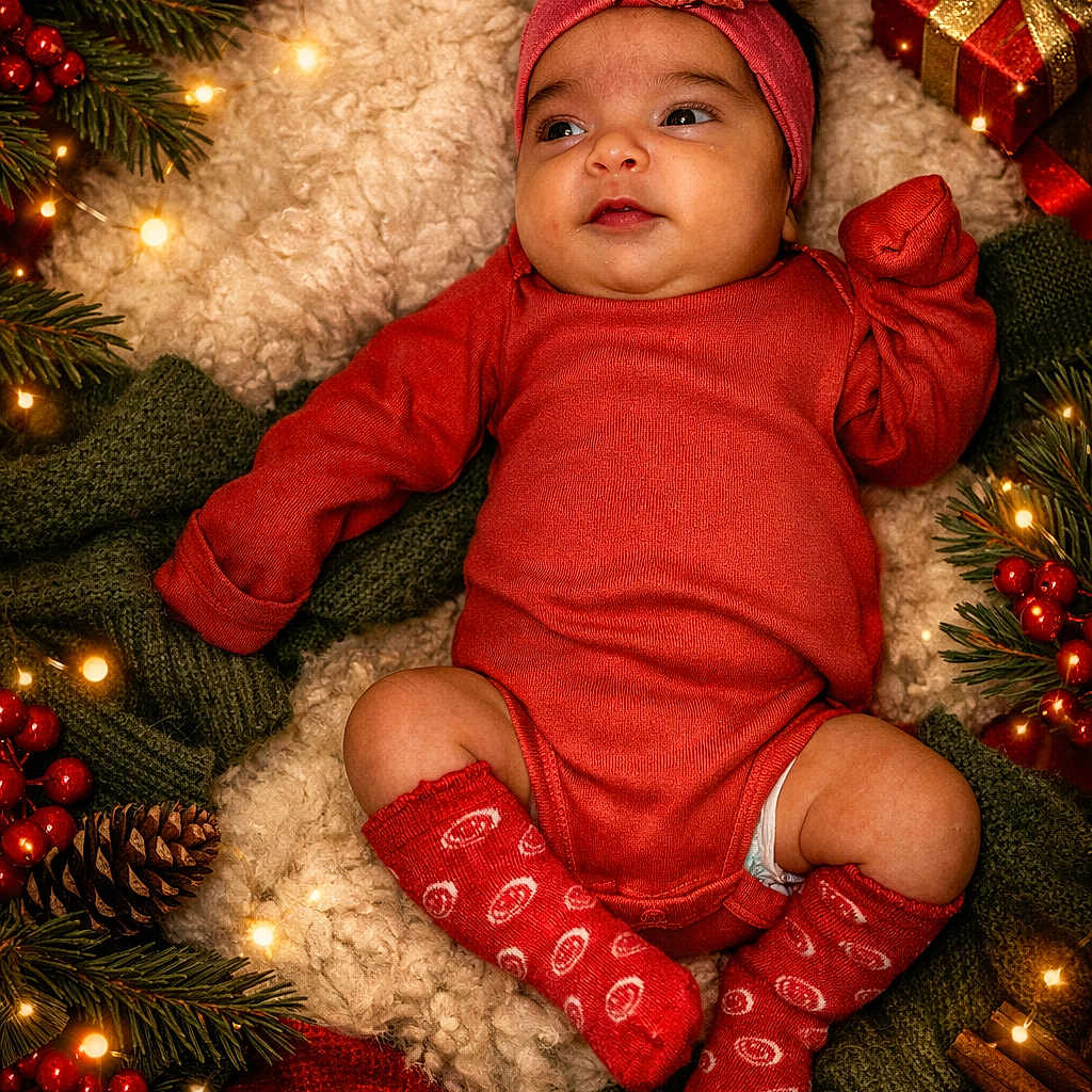 Ivanna R. is registered to the contest to win money with this photo: baby, blanket, christmas_lights, cinnamon_sticks, cozy, festive, gift_box, green_knitwear, headband, holiday_decor, indoors, infant, pine_cones, portrait, red_berries, red_clothing, smiling, socks, star_anise, wooden_floor