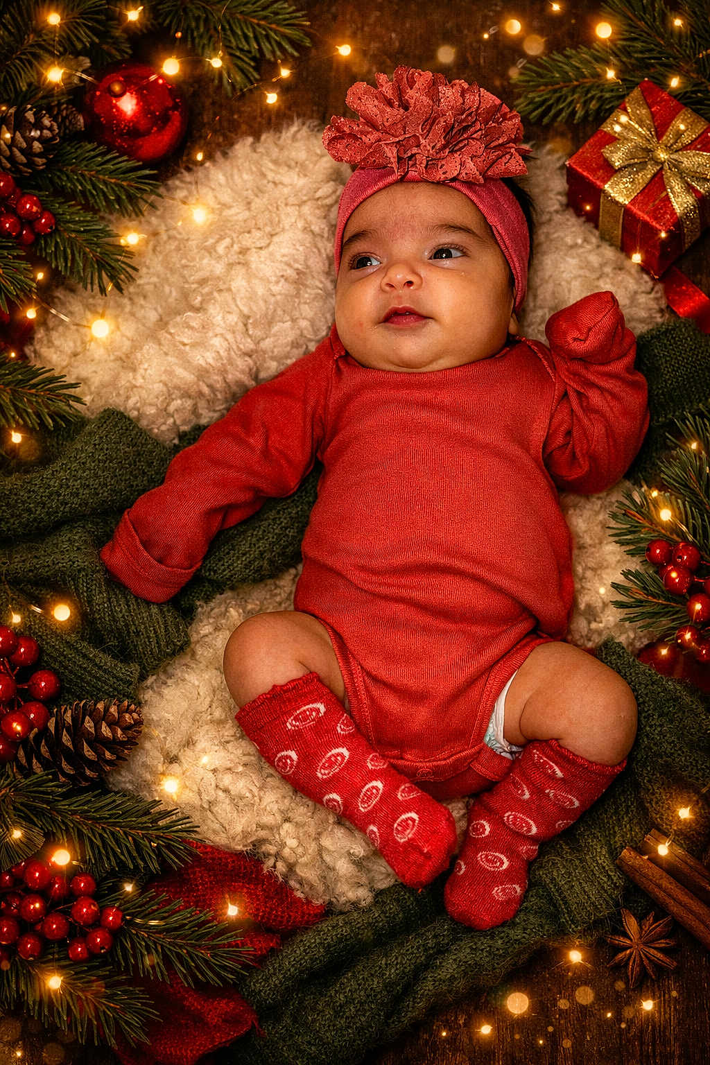 Ivanna R. is registered to the contest to win money with this photo: baby, blanket, christmas_lights, cinnamon_sticks, cozy, festive, gift_box, green_knitwear, headband, holiday_decor, indoors, infant, pine_cones, portrait, red_berries, red_clothing, smiling, socks, star_anise, wooden_floor