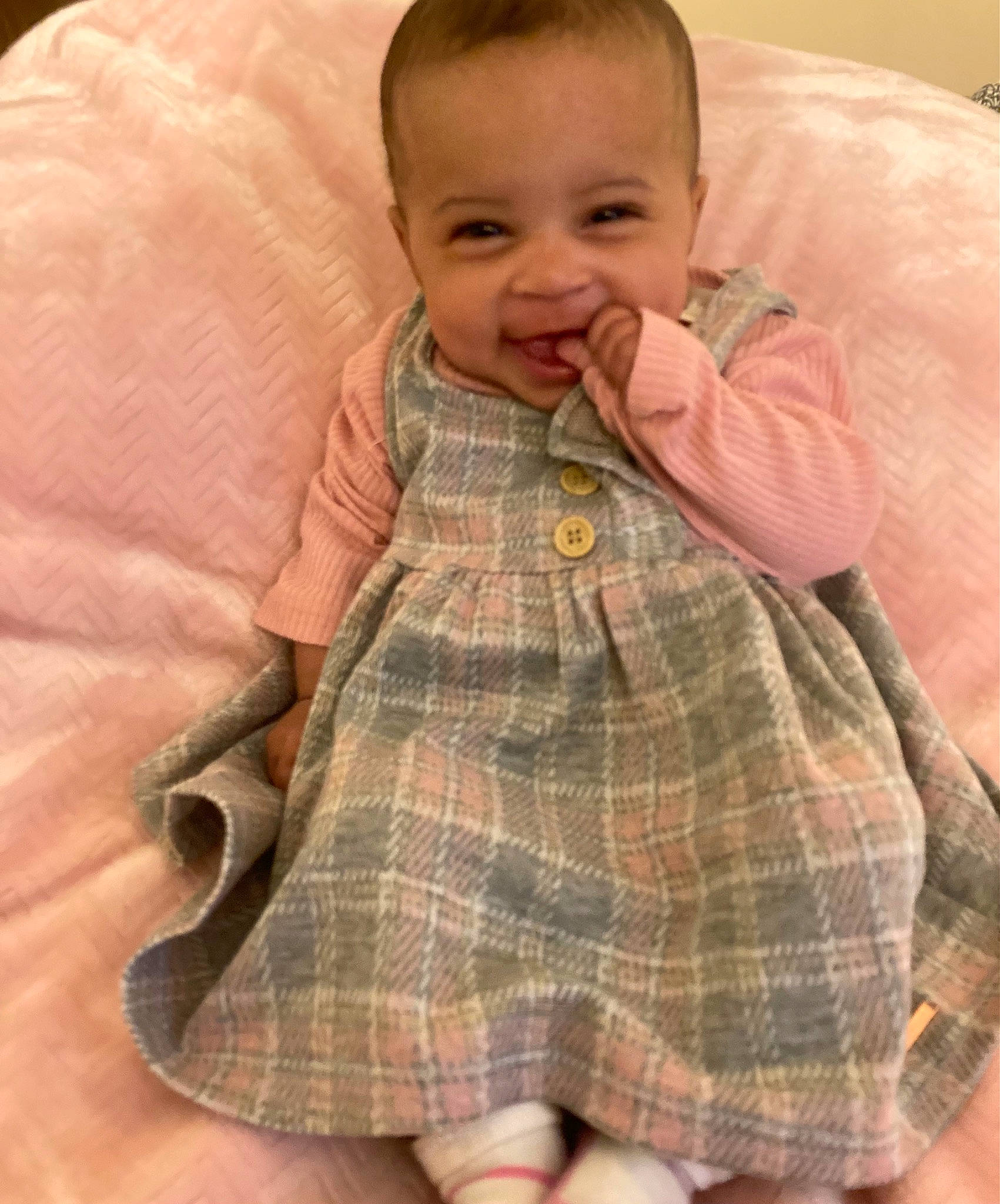 Kaylani joined the competition — help win amazing prizes! arm, baby_toddler_clothing, cheek, collar, comfort, dress, dress_shirt, eye, face, gesture, head, human_body, joy, nose, person, plaid, skin, sleeve, smile, tartan