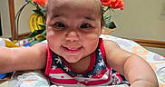Braylee joined the competition — help win amazing prizes! baby, baby_seat, child, closeup, colorful, cute, flowers, furniture, happy, home_decor, indoor, infant, person, pigtails, playful, portrait, room, smiling, table, wall_art