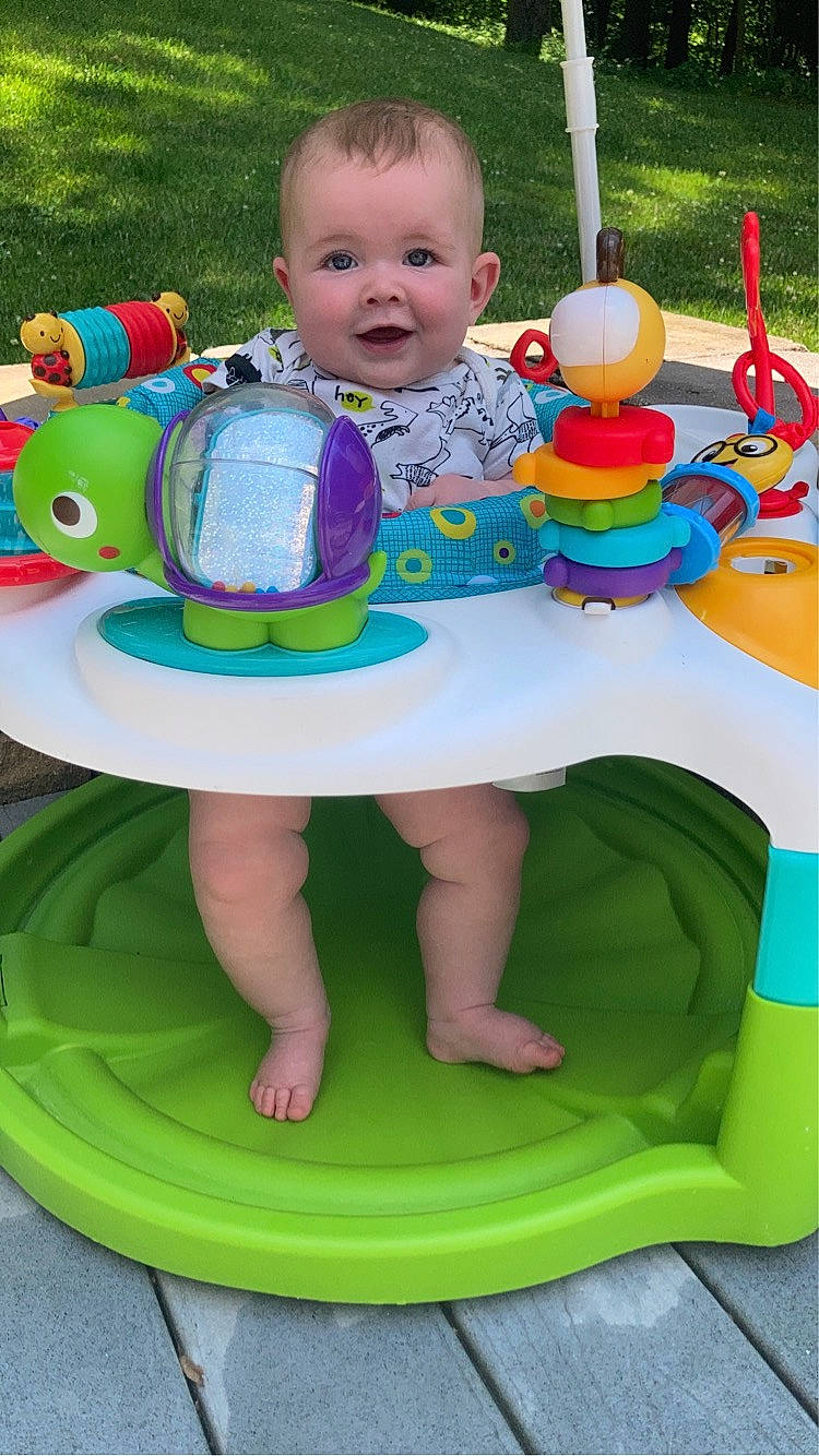 Judson joined the competition — help win amazing prizes! baby, baby_playing_with_toys, baby_toddler_clothing, blue, chair, child, fun, green, happy, leisure, people, person, pink, product, recreation, sitting, smile, summer, toddler, toy