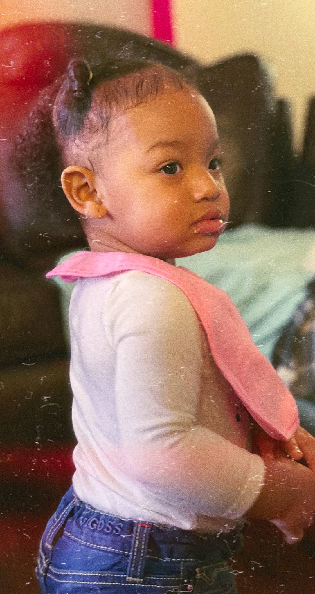 Tamiko is registered to the contest to win money with this photo: baby, baby_toddler_clothing, bathing, cheek, child, child_model, hair_accessory, hair_tie, headband, headpiece, person, pink, portrait_photography, toddler