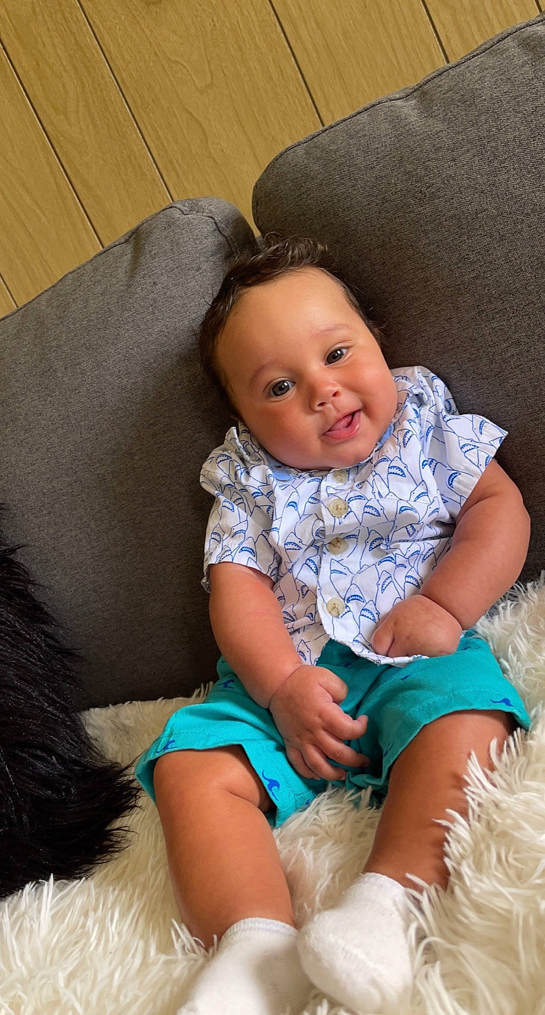 Kayson is registered to the contest to win money with this photo: baby, baby_toddler_clothing, chair, child, comfort, couch, dress, eye, hair, happy, head, iris, lap, leg, mammal, person, skin, sleeve, smile, thigh