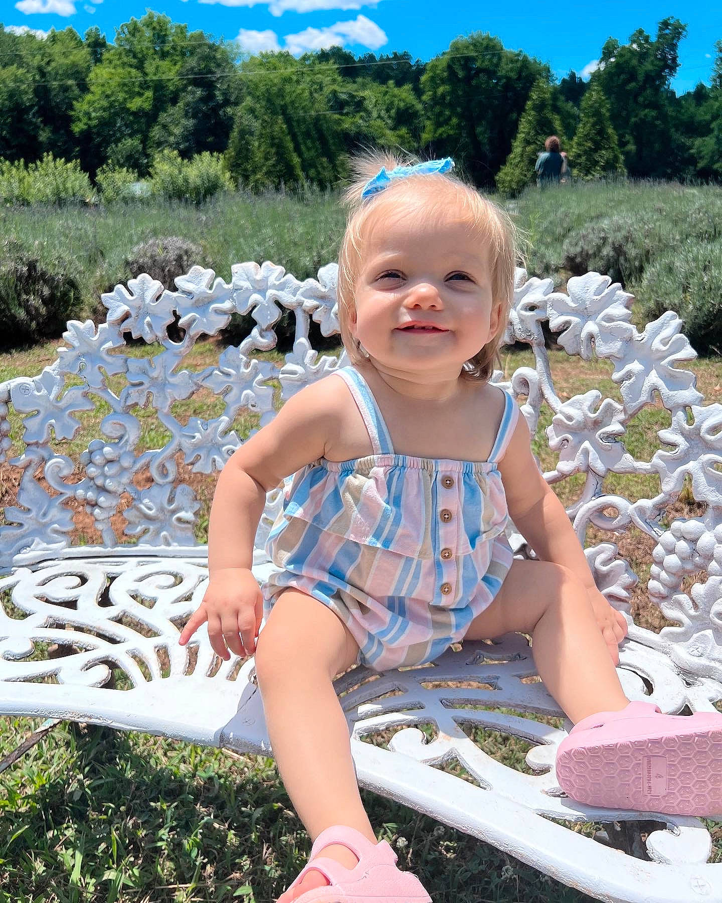 Daisie joined the competition — help win amazing prizes! baby_toddler_clothing, blue, cloud, facial_expression, fun, grass, hairstyle, happy, leisure, people_in_nature, person, photograph, pink, plant, recreation, sky, smile, summer, toddler, tree