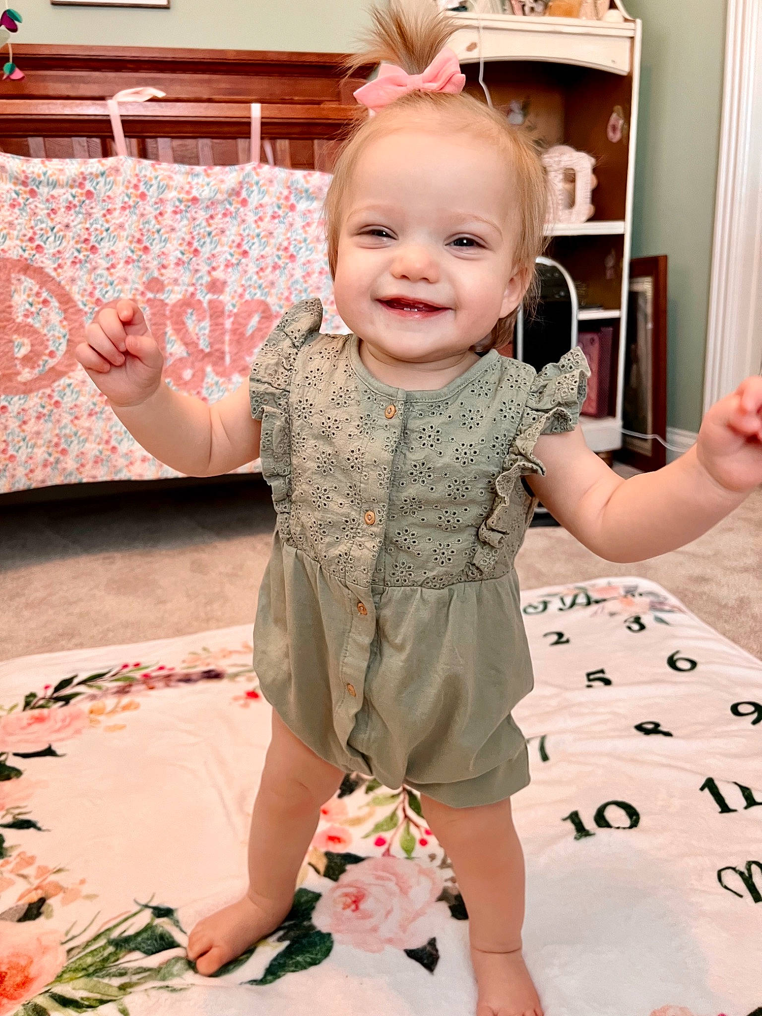 Daisie joined the competition — help win amazing prizes! arm, baby, baby_toddler_clothing, dress, facial_expression, finger, floor, fun, gesture, hairstyle, hand, happy, human, joy, person, pink, product, skin, sleeve, smile