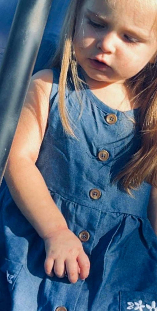 Paisley is registered to the contest to win money with this photo: azure, blond, blue, button, clothing, cool, denim, dress, electric_blue, eyelash, happy, human_leg, lip, long_hair, neck, person, shoulder, skin, sleeve, sorrow