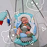 Alexandro joined the competition — help win amazing prizes! baby, baby_swing, infant, toy, indoor, floor, marble_floor, blue_blanket, green_clothing, face, person, cute, heart, cartoon_overlay, white_background, child, comfort, plush, smile, home