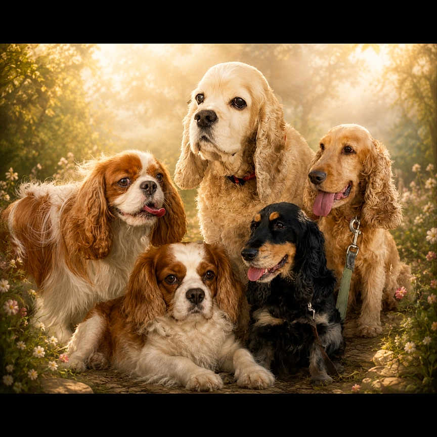 Au Paradis a rejoint le concours — aidez-le/la à gagner de superbes lots ! dog, spaniel, group, pets, outdoor, nature, flowers, sunlight, golden_hour, portrait, animal, canine, fur, grass, sitting, cute, companions, friendly, happy, leash