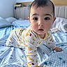 baby, infant, pajamas, bed, bedding, blue, white, pattern, crawling, child, cute, indoors, head, face, hands, expression, room, pillow, sleepwear, person