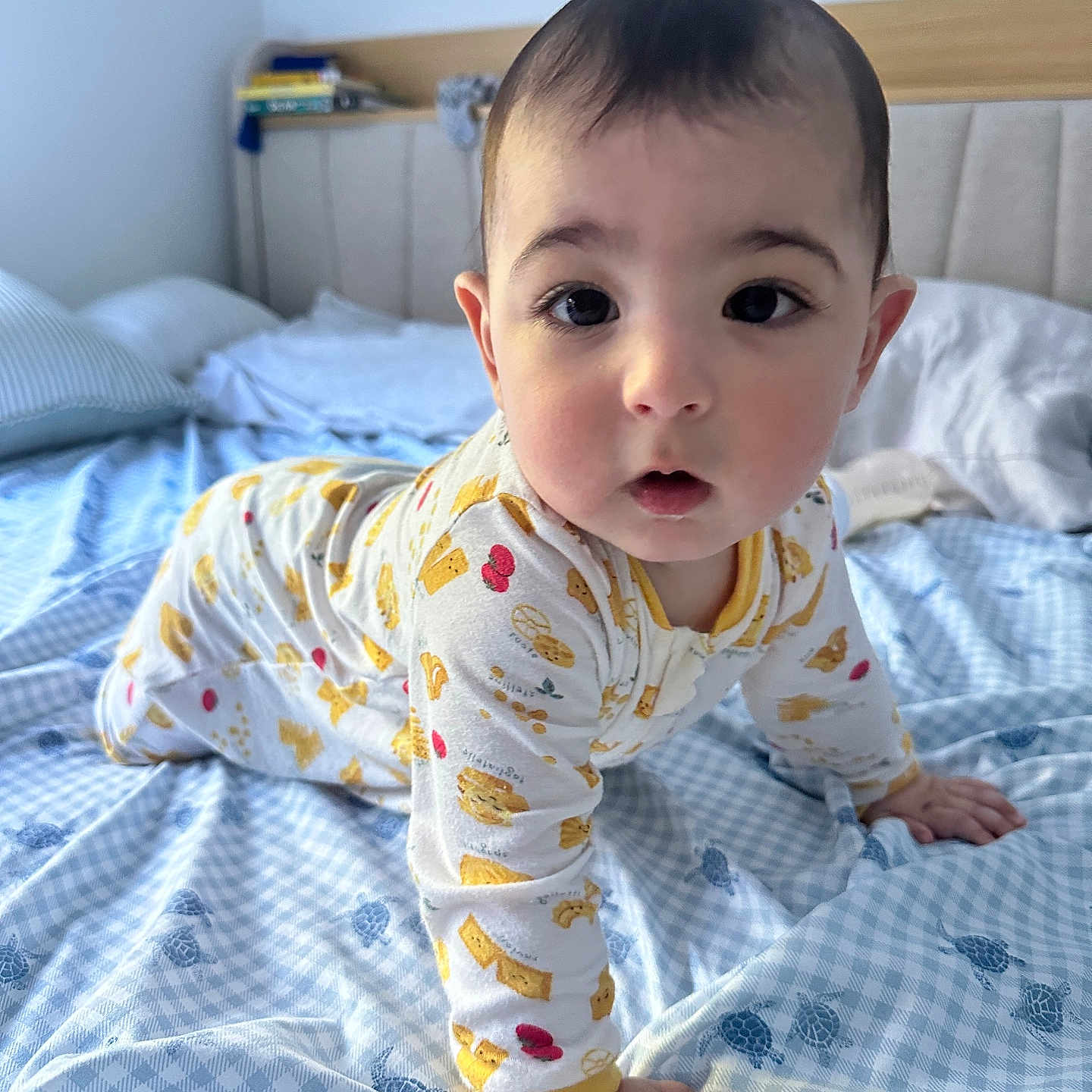 Noah is registered to the contest to win money with this photo: baby, infant, pajamas, bed, bedding, blue, white, pattern, crawling, child, cute, indoors, head, face, hands, expression, room, pillow, sleepwear, person