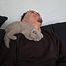 Hermes a rejoint le concours — aidez-le/la à gagner de superbes lots ! man, cat, kitten, sleeping, shoulder, couch, indoor, relaxed, happy, casual_clothing, black_sweater, beard, short_hair, resting, pet, feline, light_gray_cat, human, portrait, comfort