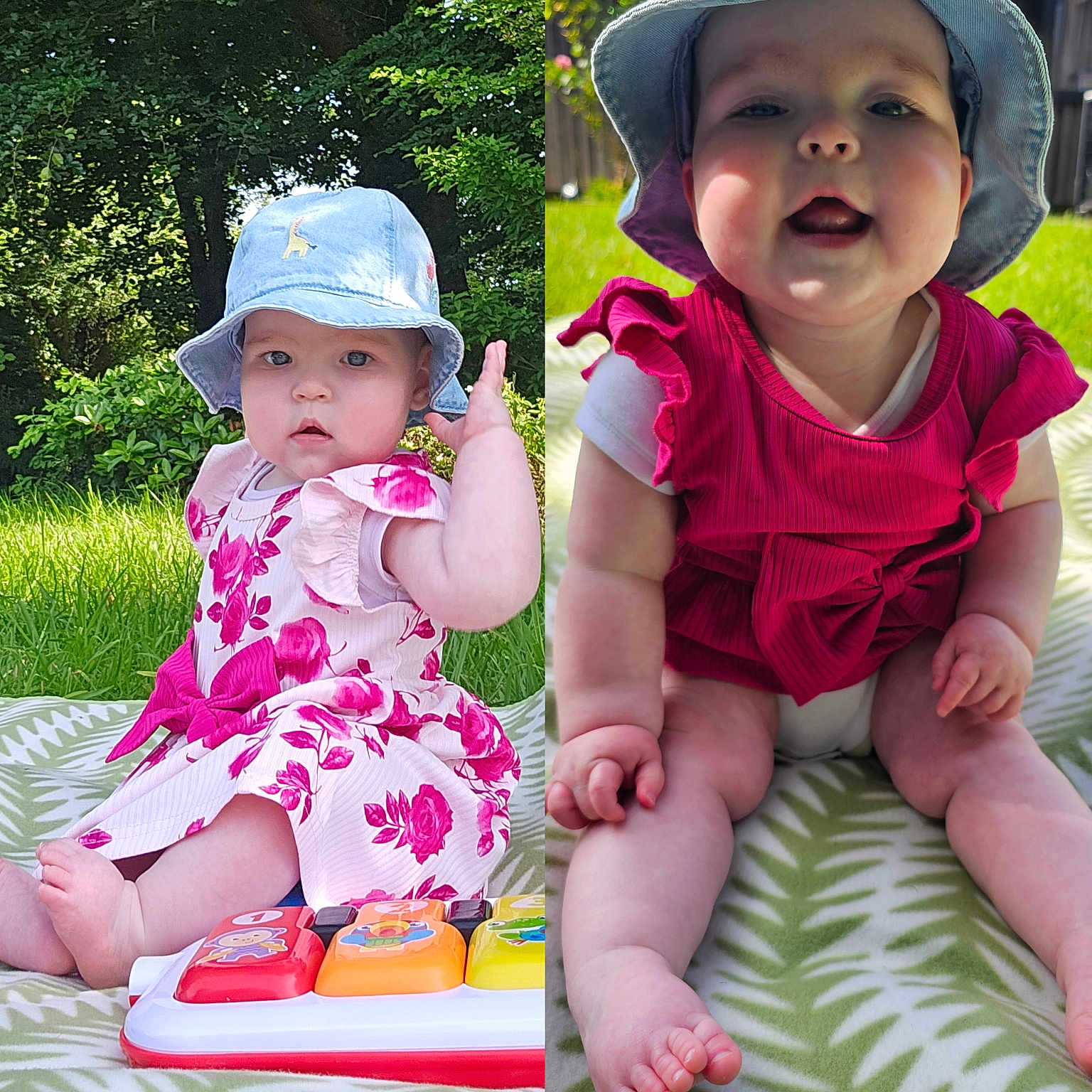 Esme And Lola is registered to the contest to win money with this photo: baby, blanket, child, cute, dress, garden, grass, green, happy, hat, infant, nature, outdoor, piano, pink, playing, sitting, smile, sunlight, toy