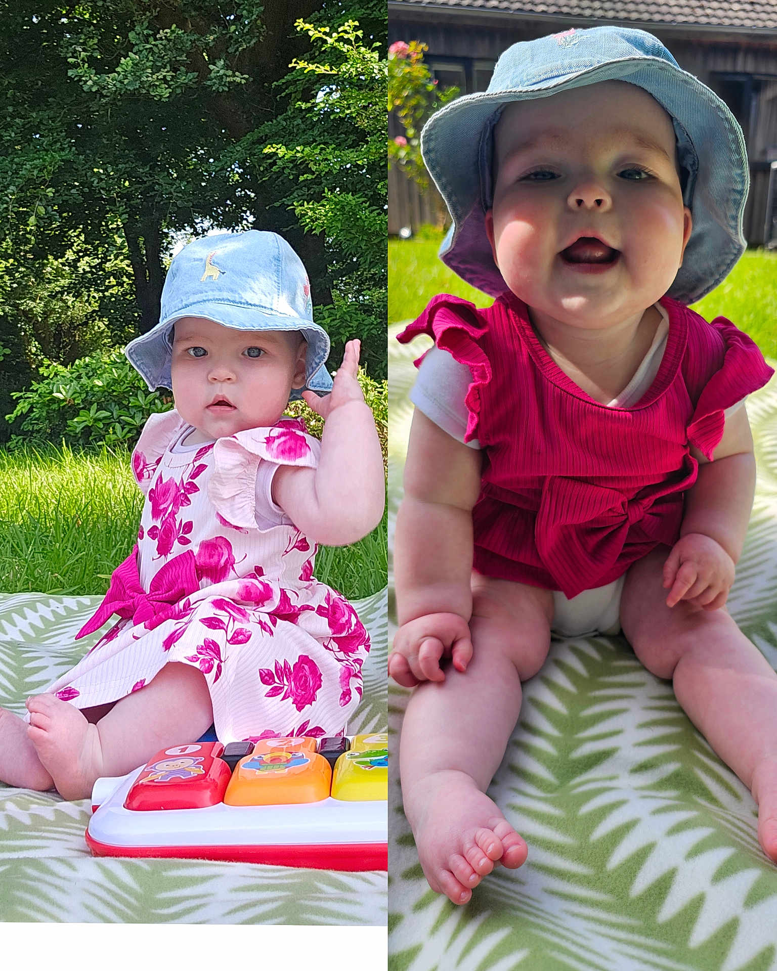 Esme And Lola is registered to the contest to win money with this photo: baby, blanket, child, cute, dress, garden, grass, green, happy, hat, infant, nature, outdoor, piano, pink, playing, sitting, smile, sunlight, toy